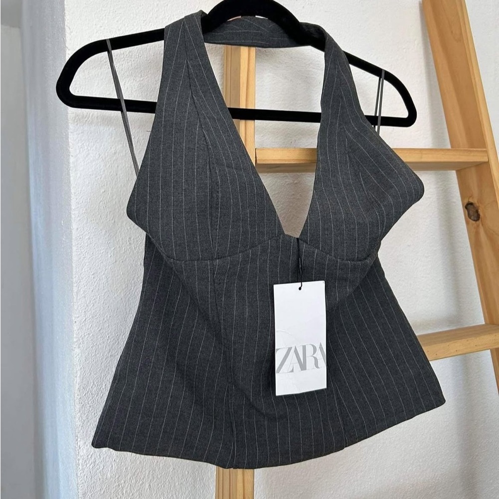 Zara Women's Charcoal Pinstripe Halter Top